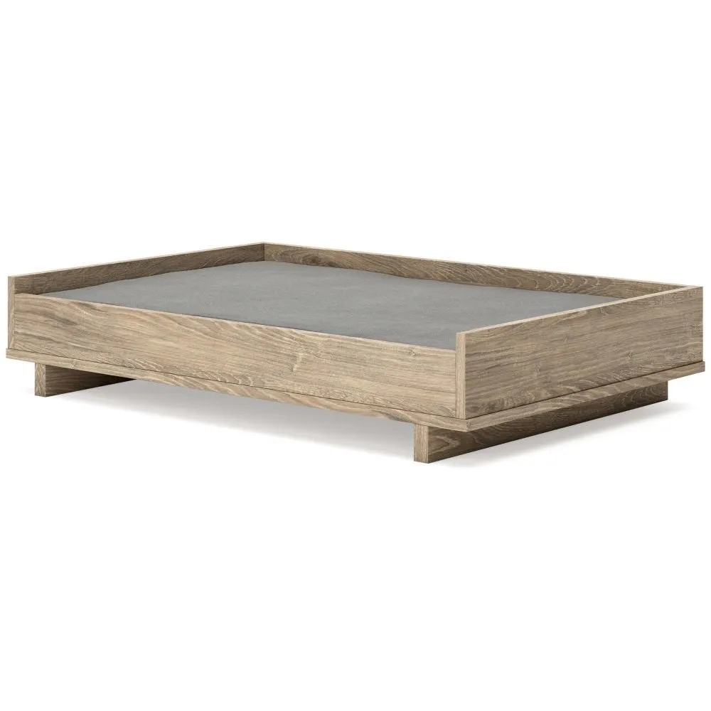 36 Inch Pet Bed Frame, Natural Brown Wood, Removable Cover, Gray Upholstery By Casagear Home