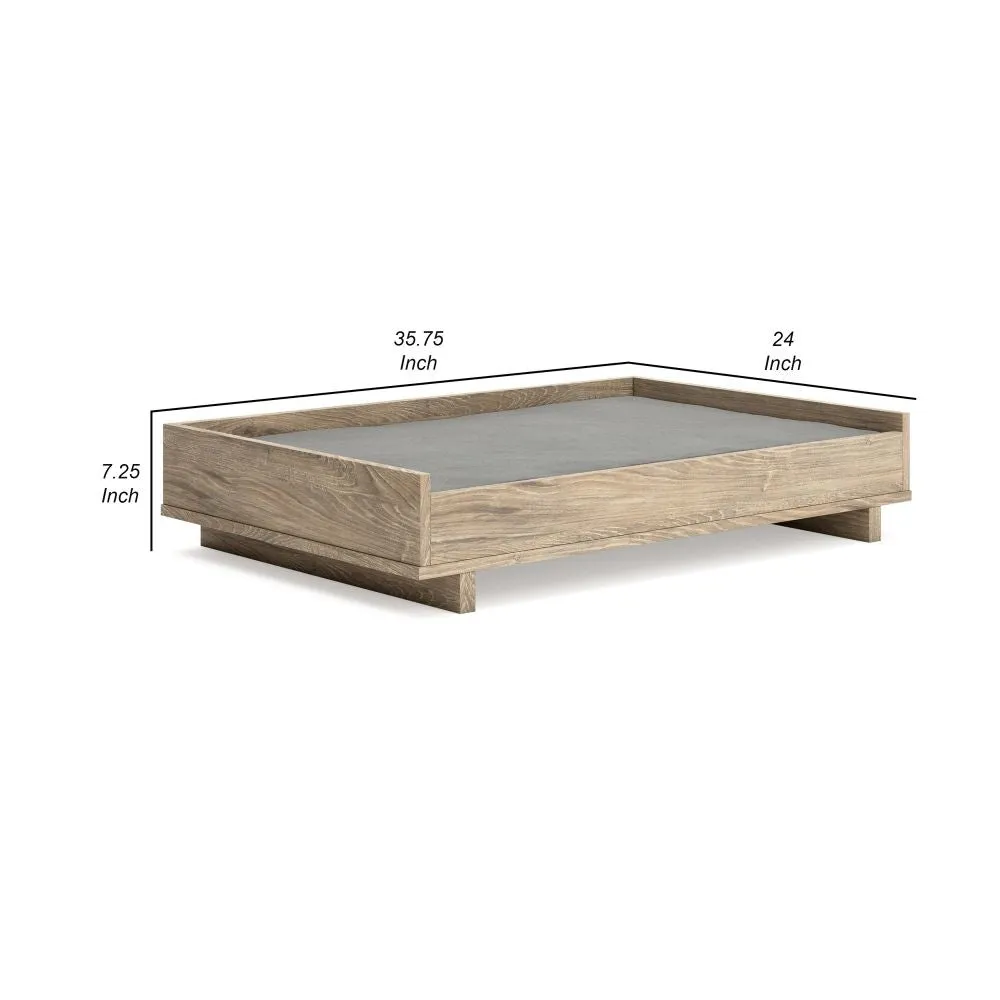 36 Inch Pet Bed Frame, Natural Brown Wood, Removable Cover, Gray Upholstery By Casagear Home