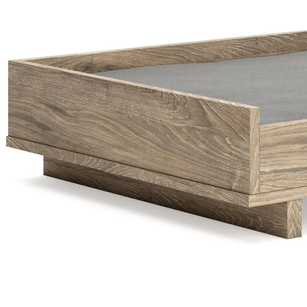 36 Inch Pet Bed Frame, Natural Brown Wood, Removable Cover, Gray Upholstery By Casagear Home