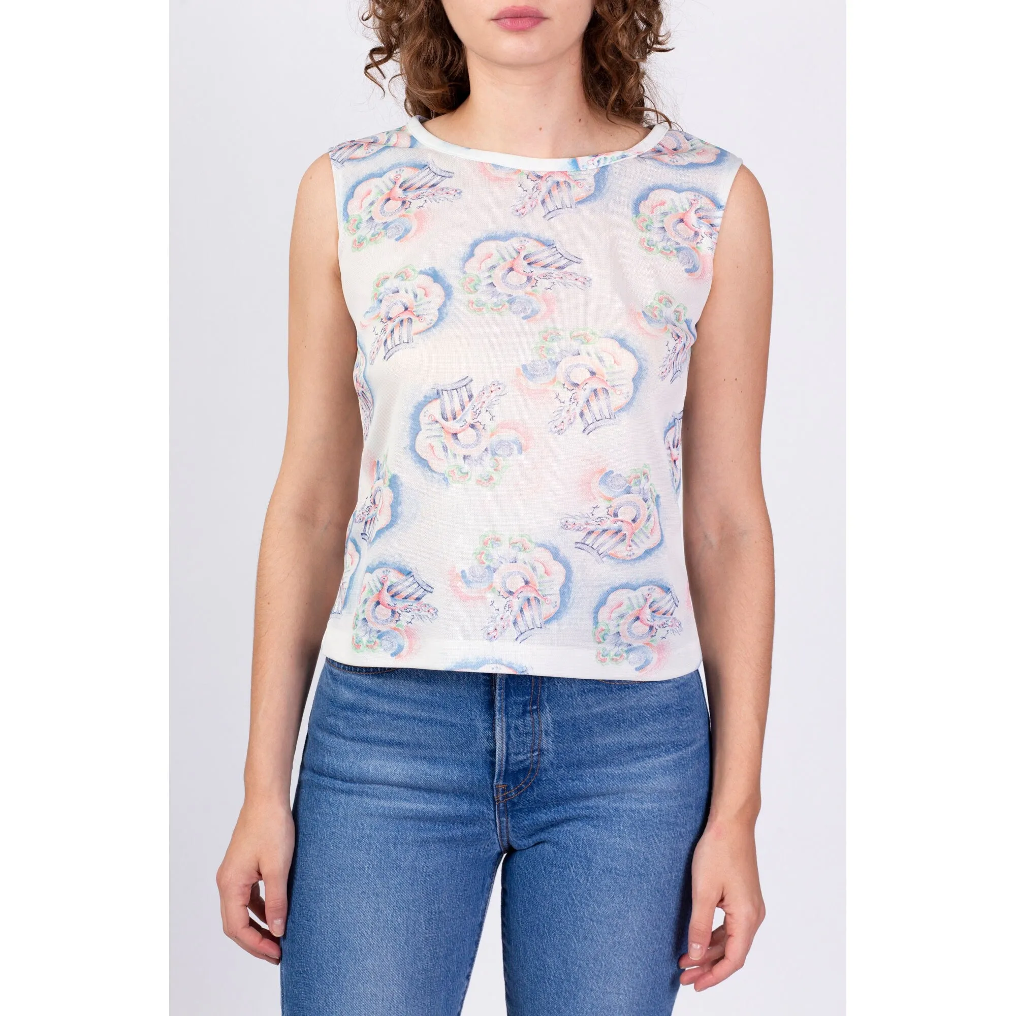 70s Ethereal Peacock Print Top - Medium