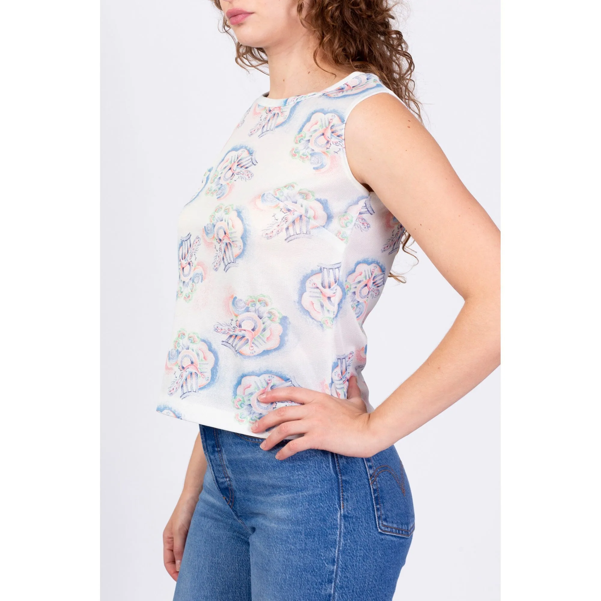 70s Ethereal Peacock Print Top - Medium