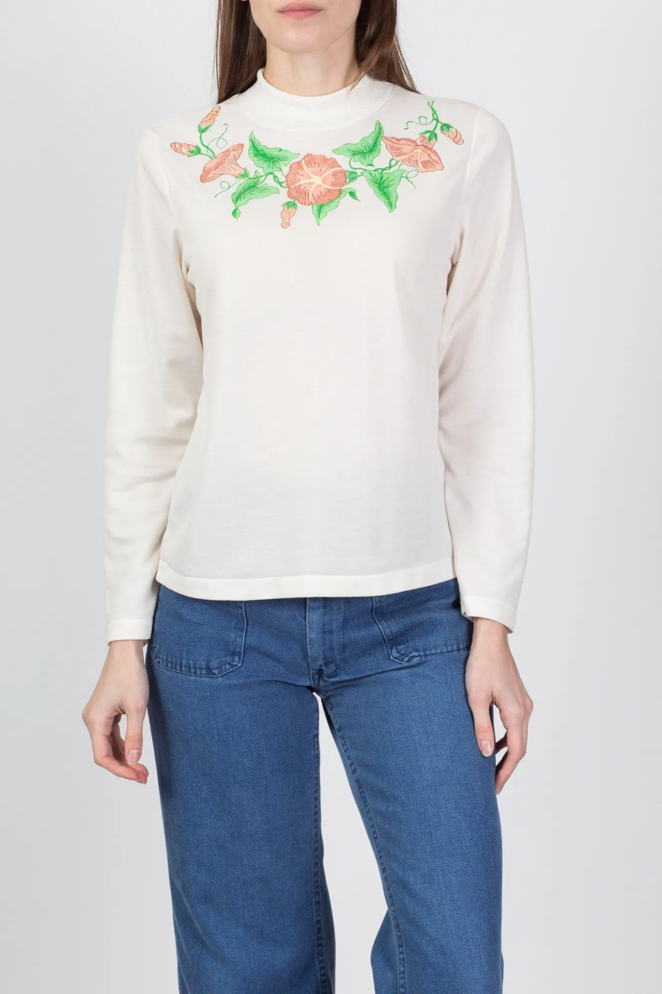 70s Painted Floral Mockneck Top - Medium