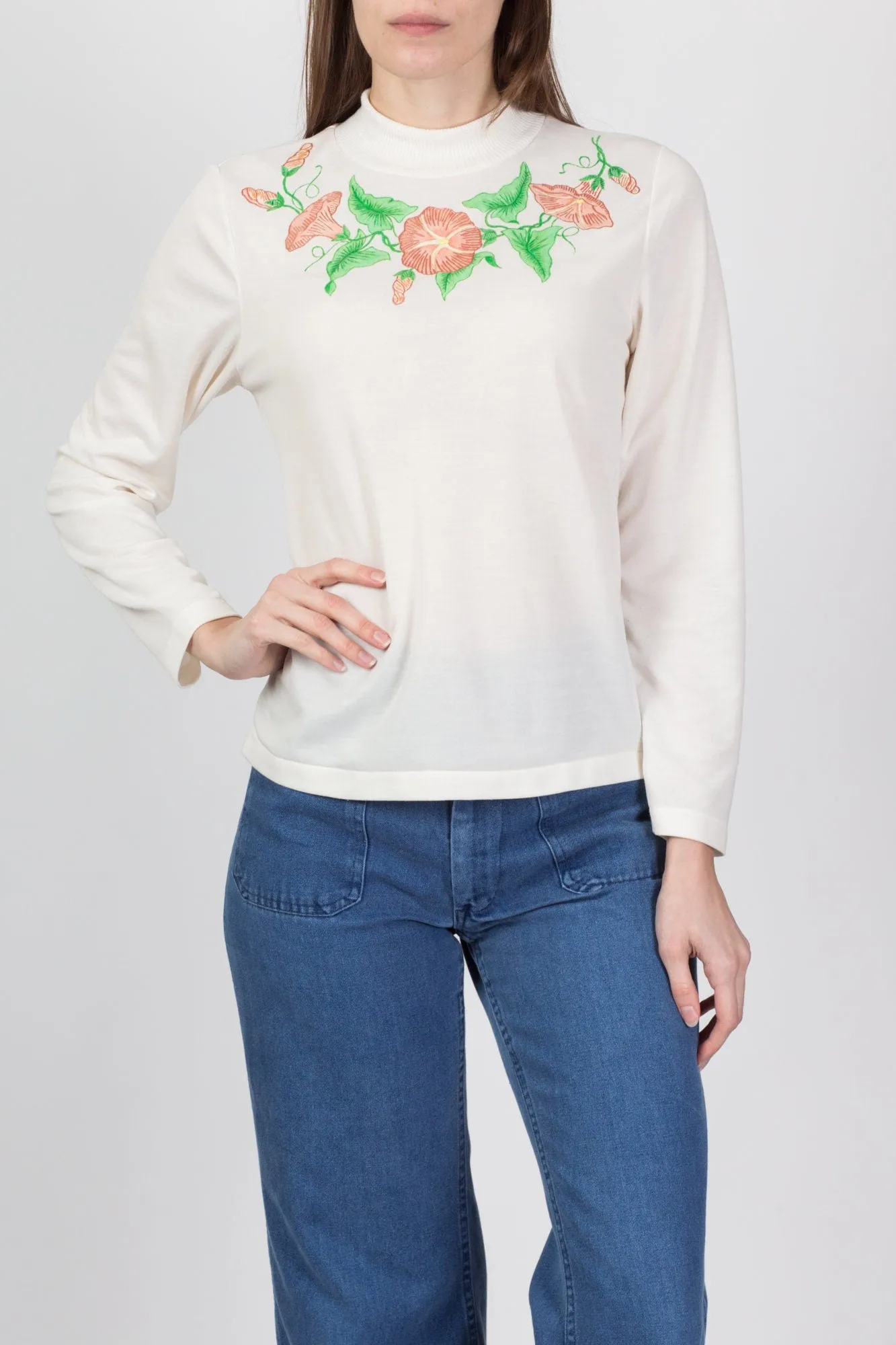 70s Painted Floral Mockneck Top - Medium