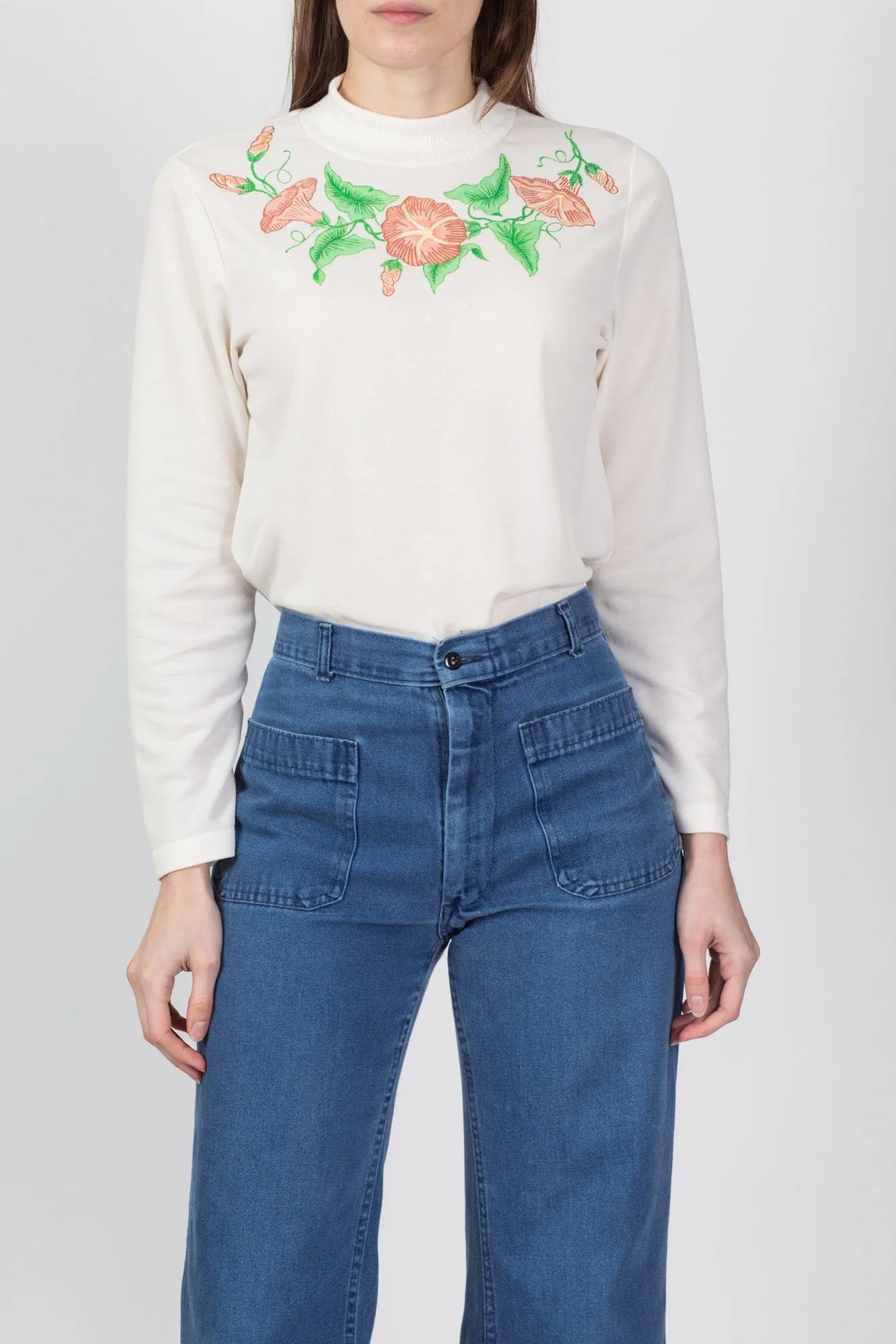 70s Painted Floral Mockneck Top - Medium