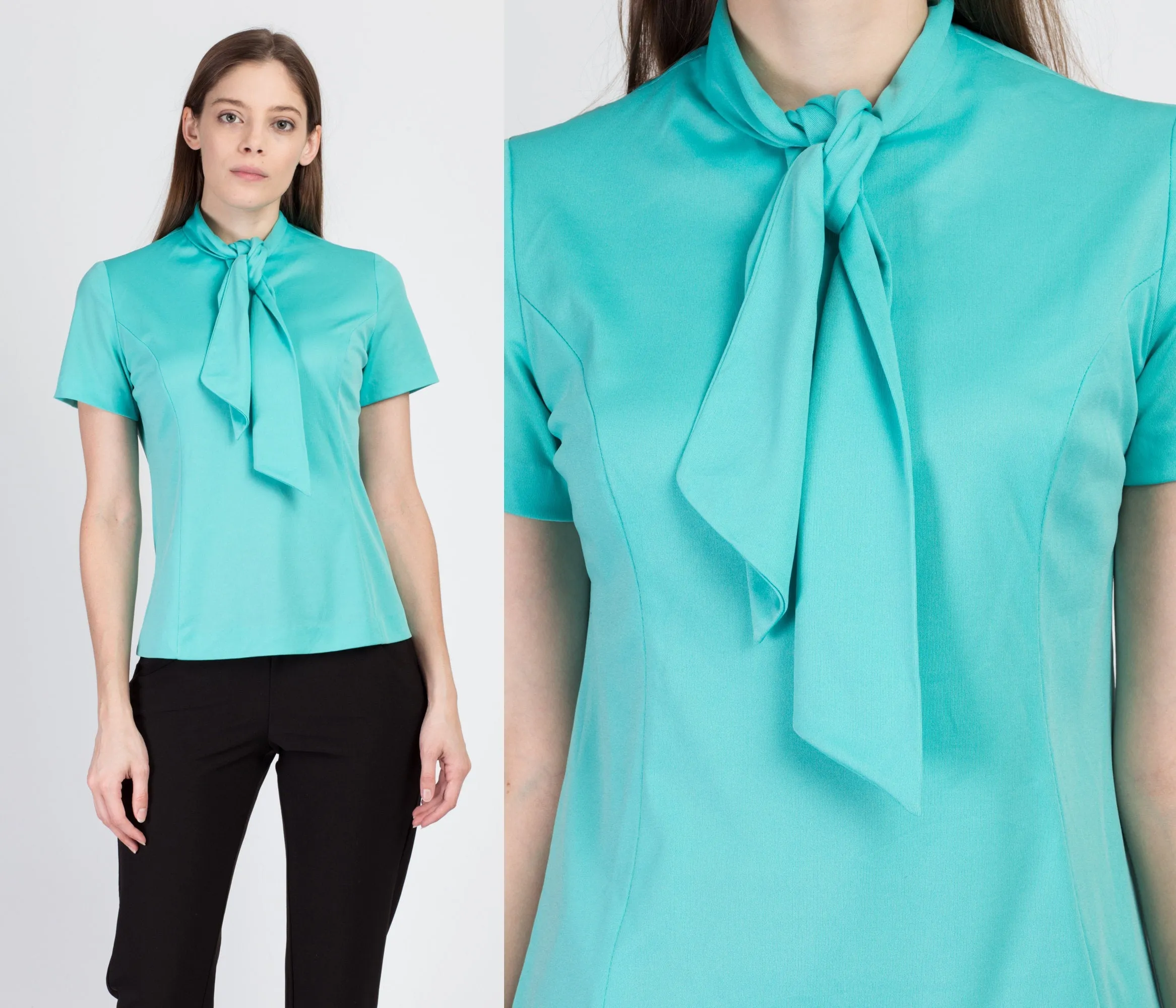 70s Turquoise Ascot Tie Top - Medium