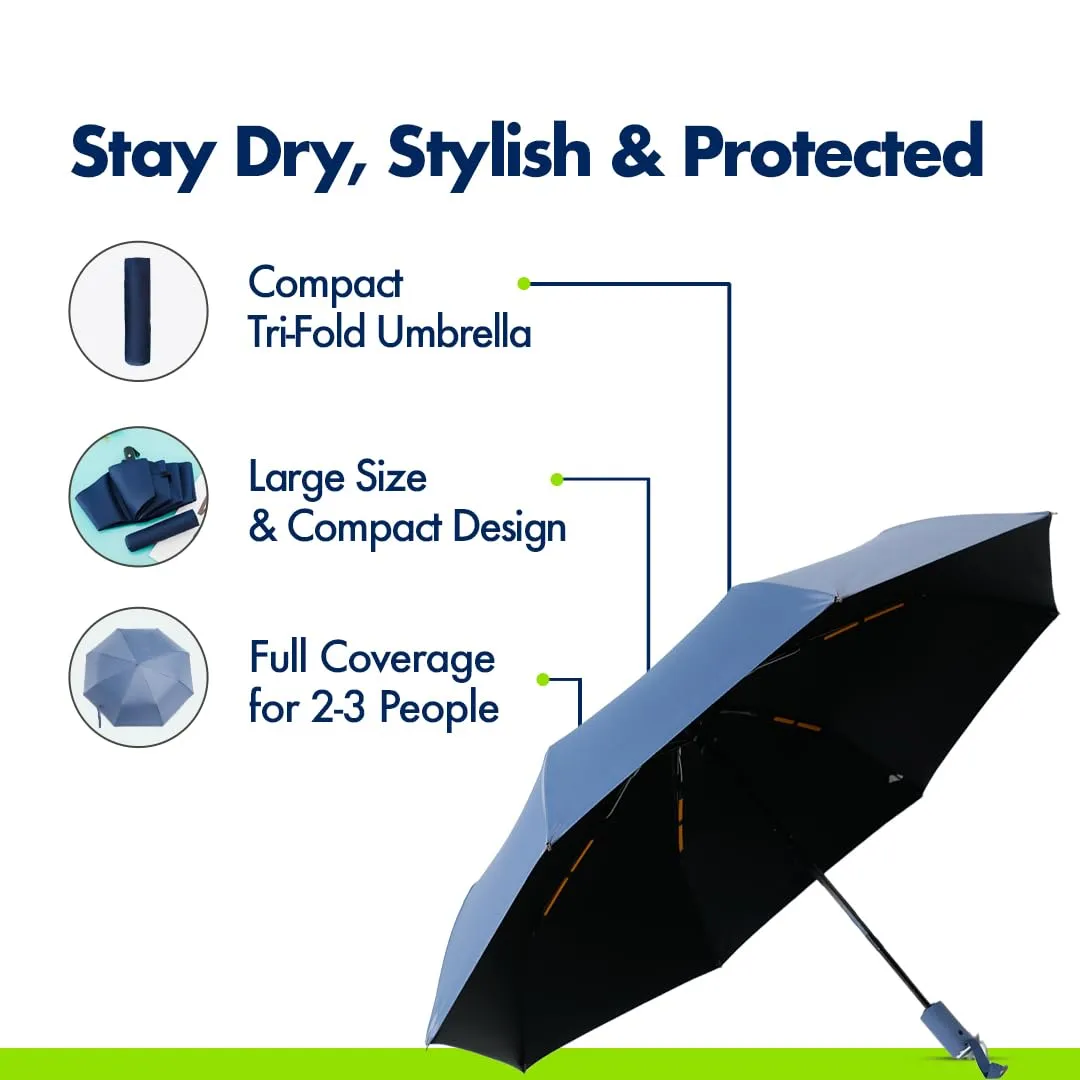 ABSORBIA 8K 3fold auto open umbrella for Rain,Sun Protection and also windproof|Double Layer Folding Portable Umbrella with cover|Blue|with black coating for UV potection|Fancy & Easy to Travel