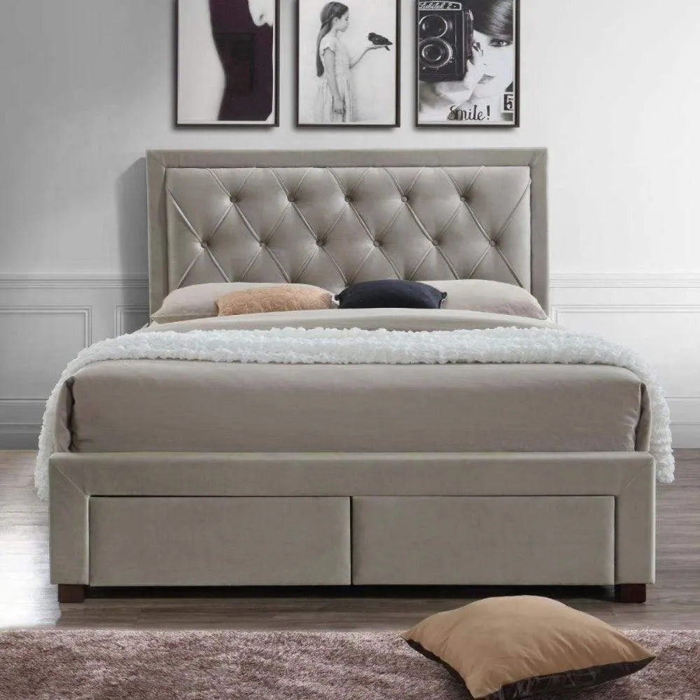 Apollo Upholstered Bed with Drawers Storage in Beige Suede