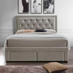 Apollo Upholstered Bed with Drawers Storage in Beige Suede