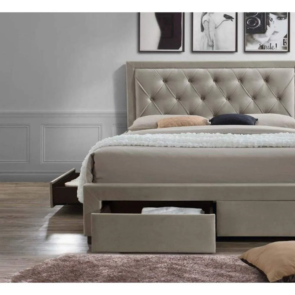 Apollo Upholstered Bed with Drawers Storage in Beige Suede