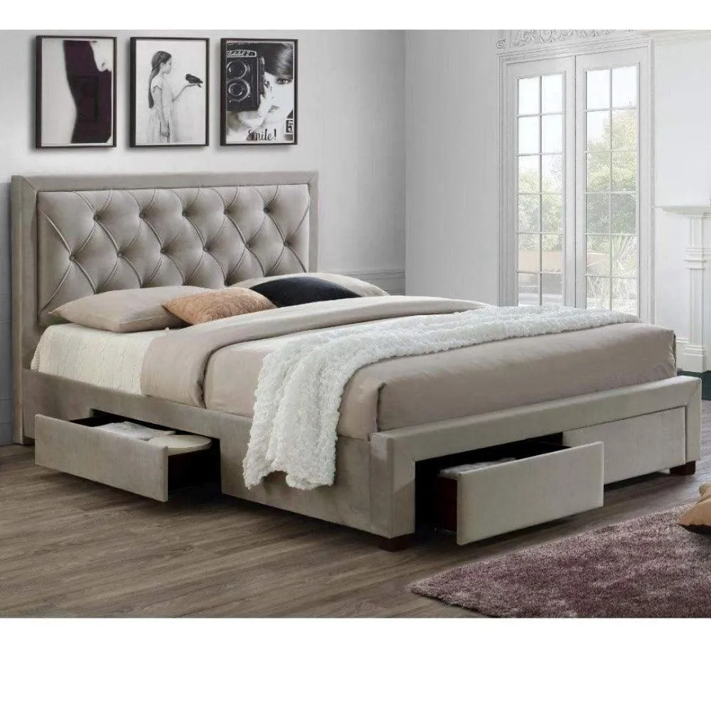 Apollo Upholstered Bed with Drawers Storage in Beige Suede