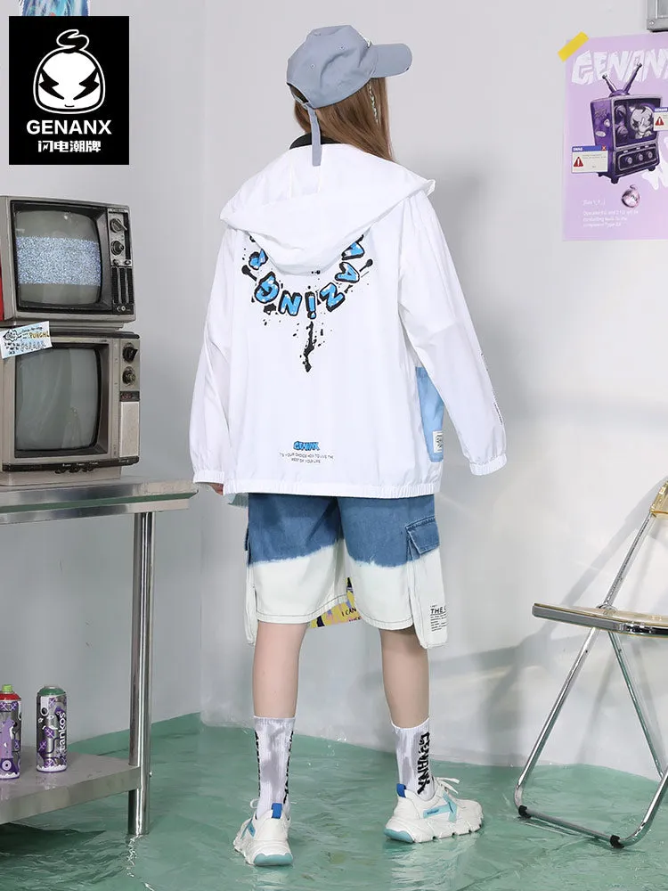 Blue and white splash-ink printed hooded zipper light skin jacket