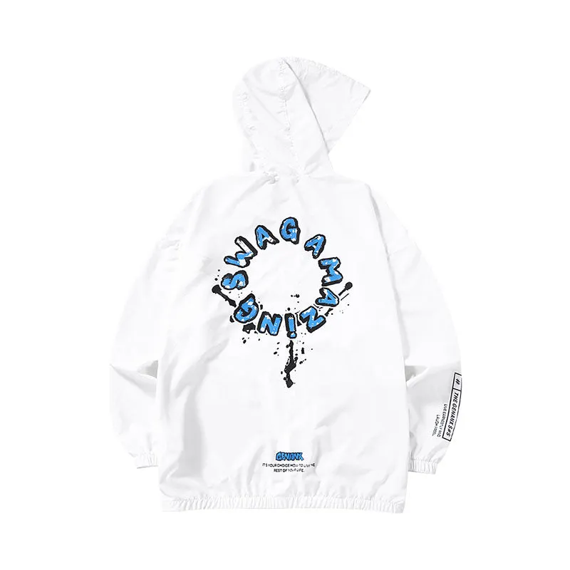 Blue and white splash-ink printed hooded zipper light skin jacket