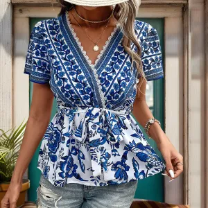 Boho Vacation Short-Sleeve Shirts With Belt Wholesale Womens Clothing N3824080900005