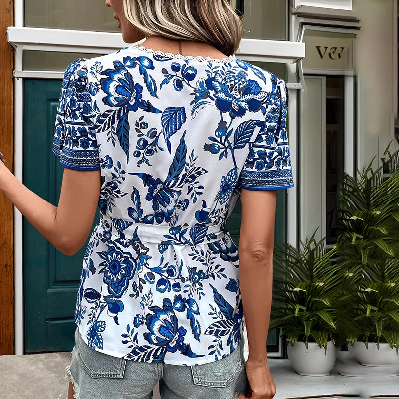Boho Vacation Short-Sleeve Shirts With Belt Wholesale Womens Clothing N3824080900005
