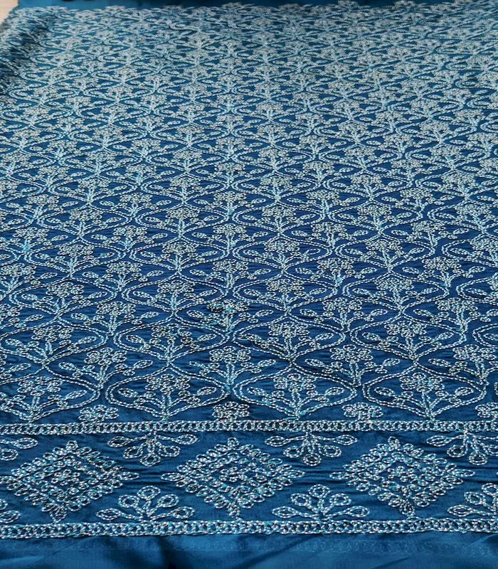 Dark Teal Blue & Silver Traditional Dori Work Georgette Fabric (Wholesale)