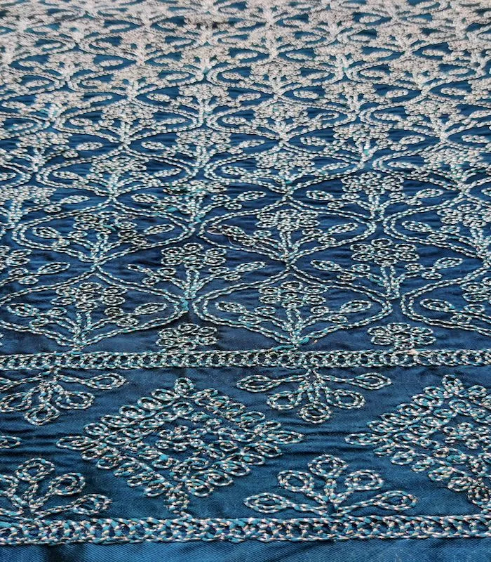 Dark Teal Blue & Silver Traditional Dori Work Georgette Fabric (Wholesale)
