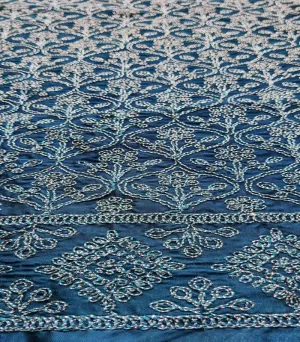 Dark Teal Blue & Silver Traditional Dori Work Georgette Fabric (Wholesale)