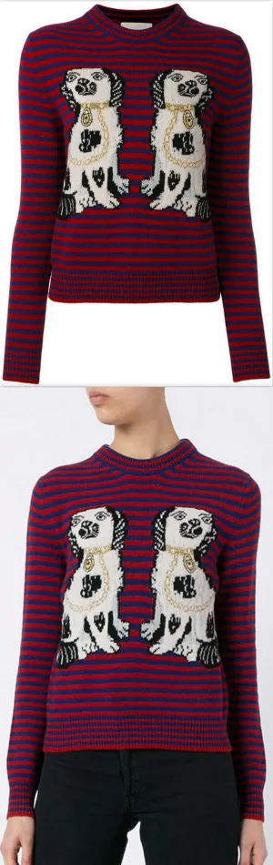 Dog & Stripe Intarsia Knit Sweater