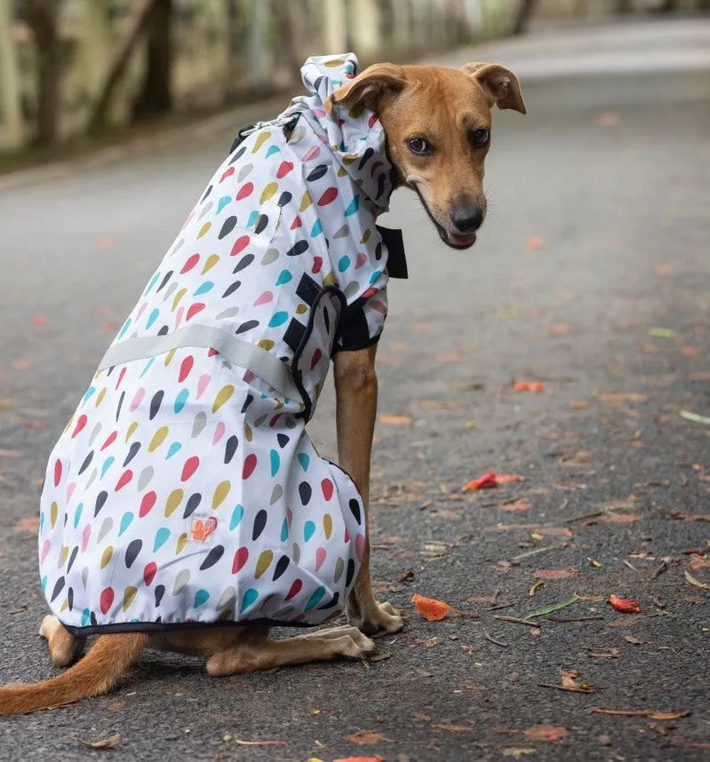 Dog Raincoat - Colourful Raindrops (White Printed)