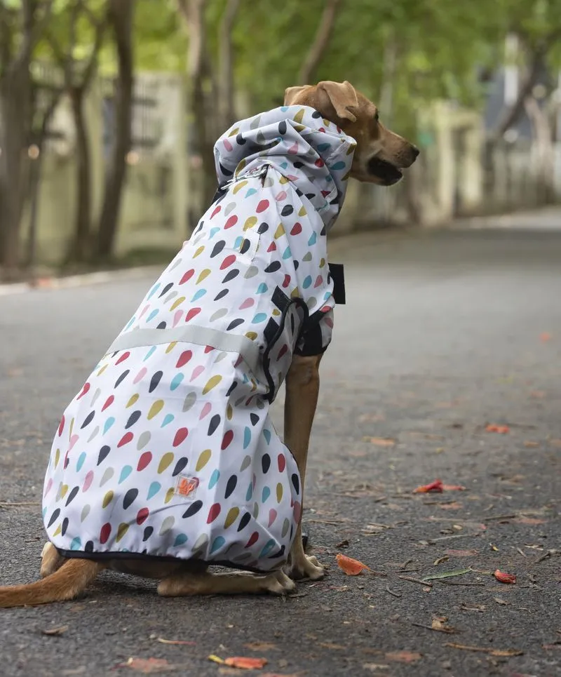 Dog Raincoat - Colourful Raindrops (White Printed)