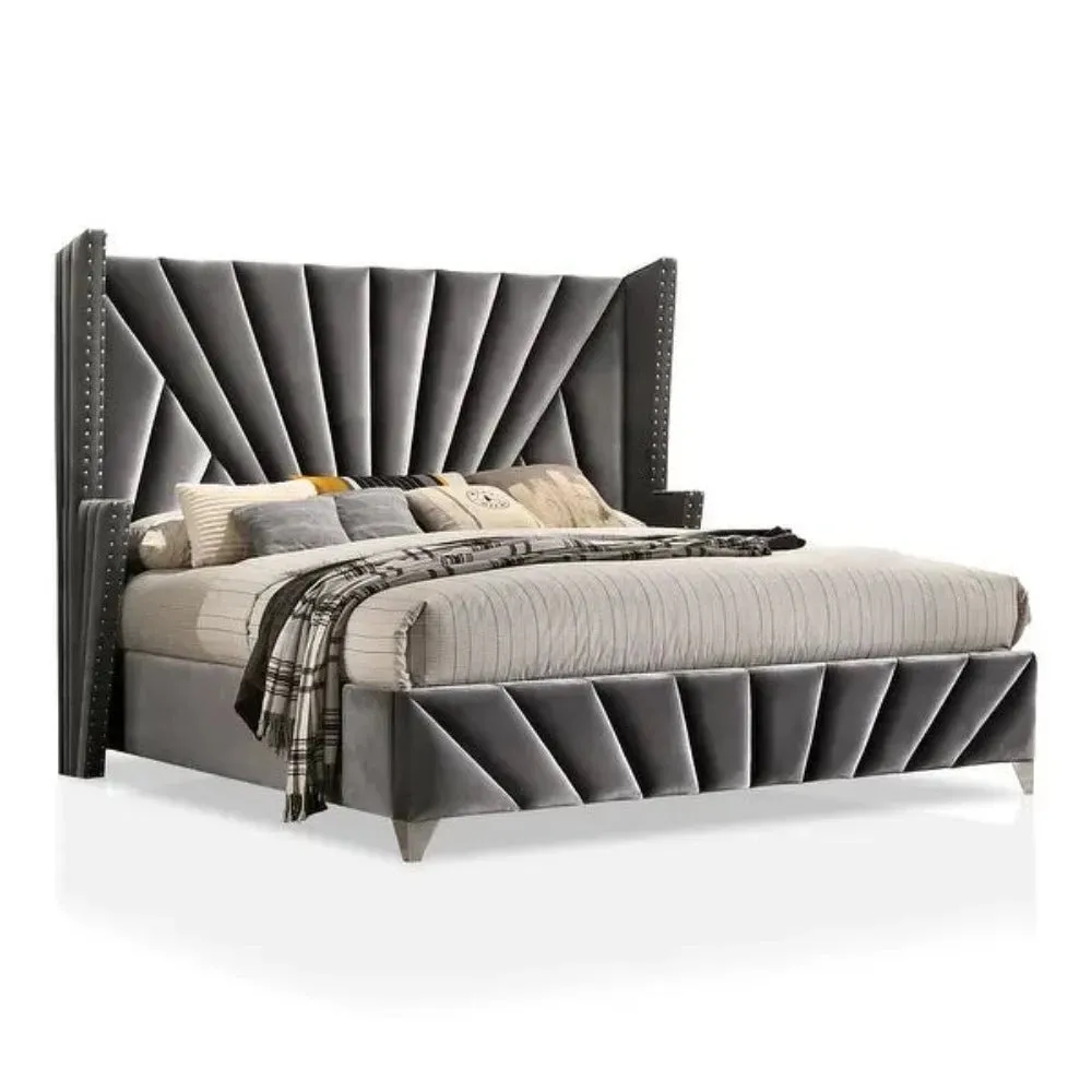Dubai Wing Upholstered Bed with Storage in Grey Suede