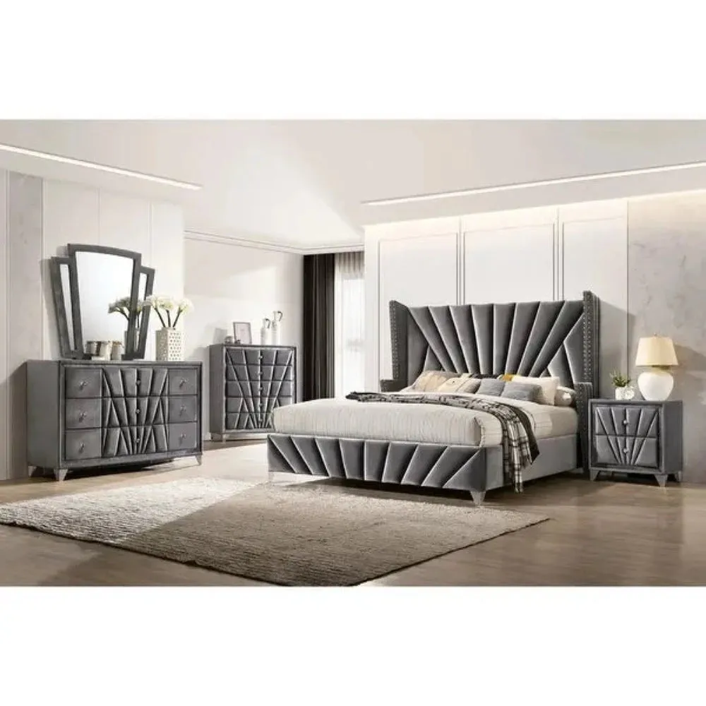 Dubai Wing Upholstered Bed with Storage in Grey Suede