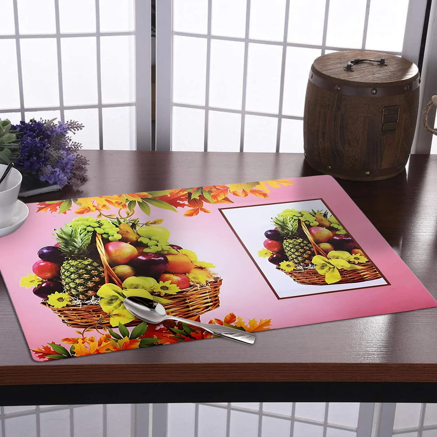 Heart Home Fridge Mats | PVC Pink Fruit Basket Print | Fridge Mat for Refrigerator | Fridge Placemats for Kitchen | Set of 6 | Pink