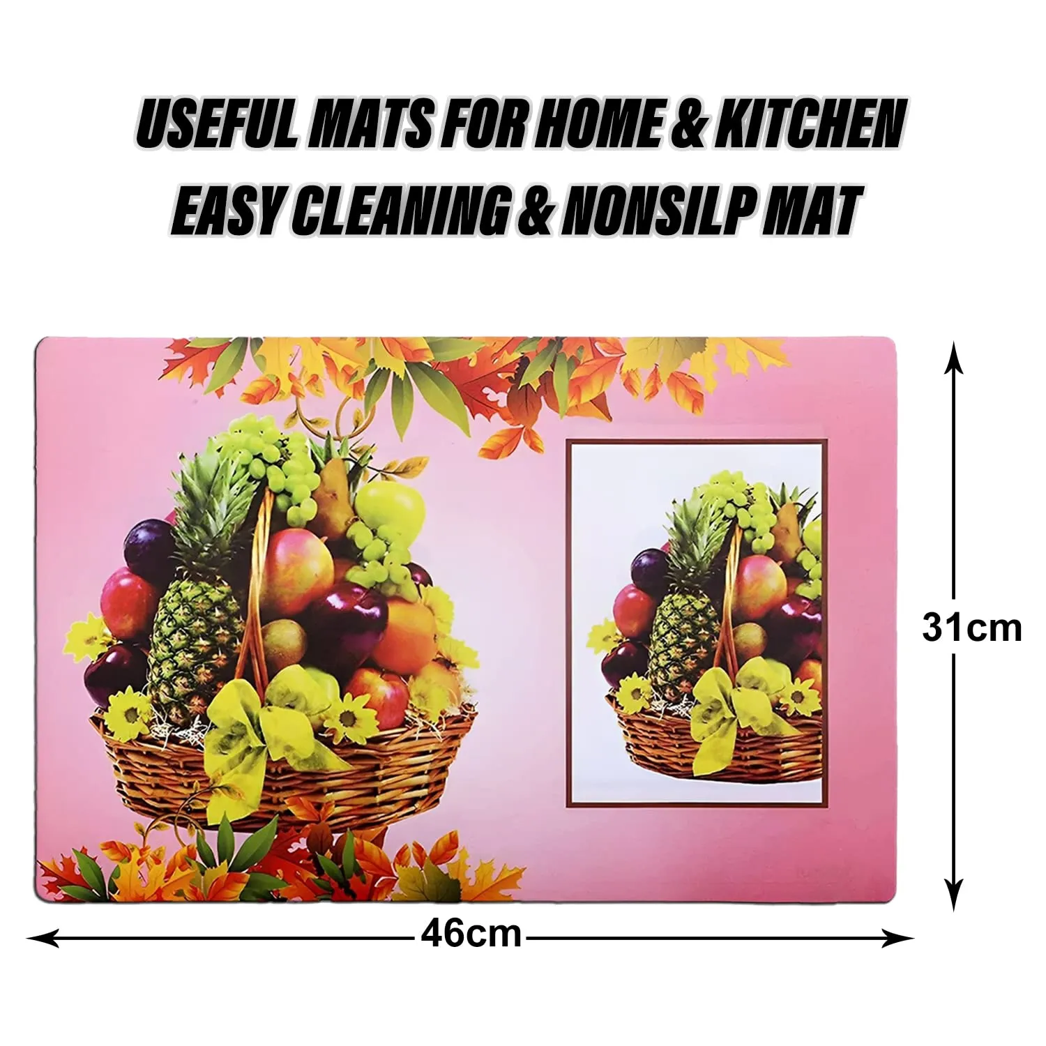 Heart Home Fridge Mats | PVC Pink Fruit Basket Print | Fridge Mat for Refrigerator | Fridge Placemats for Kitchen | Set of 6 | Pink