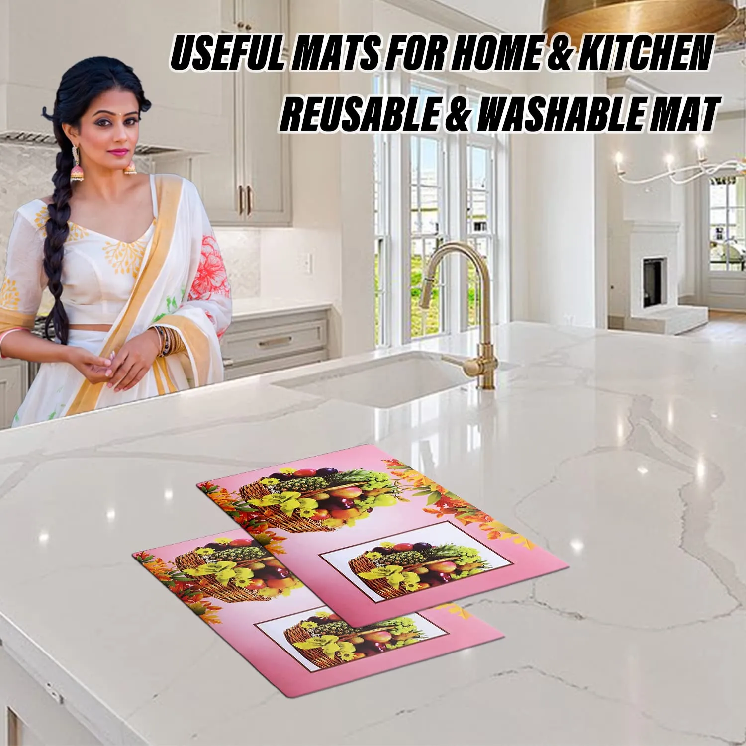 Heart Home Fridge Mats | PVC Pink Fruit Basket Print | Fridge Mat for Refrigerator | Fridge Placemats for Kitchen | Set of 6 | Pink