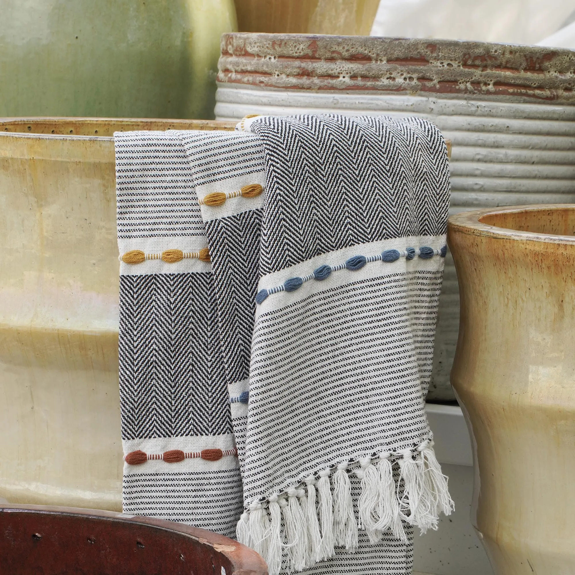 Herringbone Stripe Yarn Dyed Cotton Woven Tassel Throw Blanket