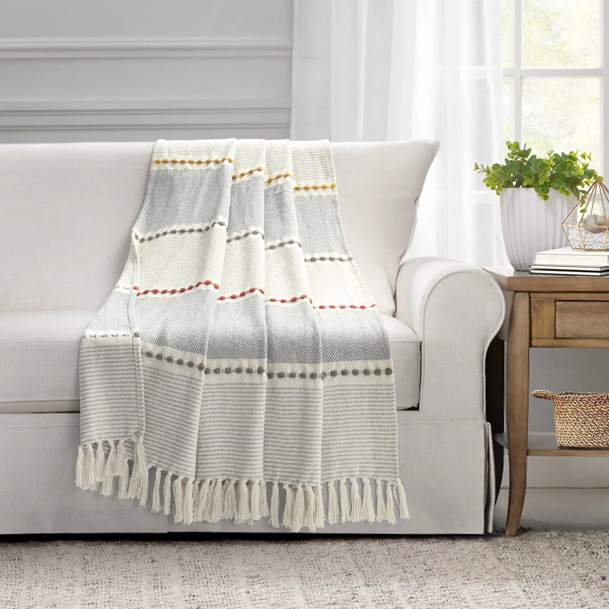 Herringbone Stripe Yarn Dyed Cotton Woven Tassel Throw Blanket