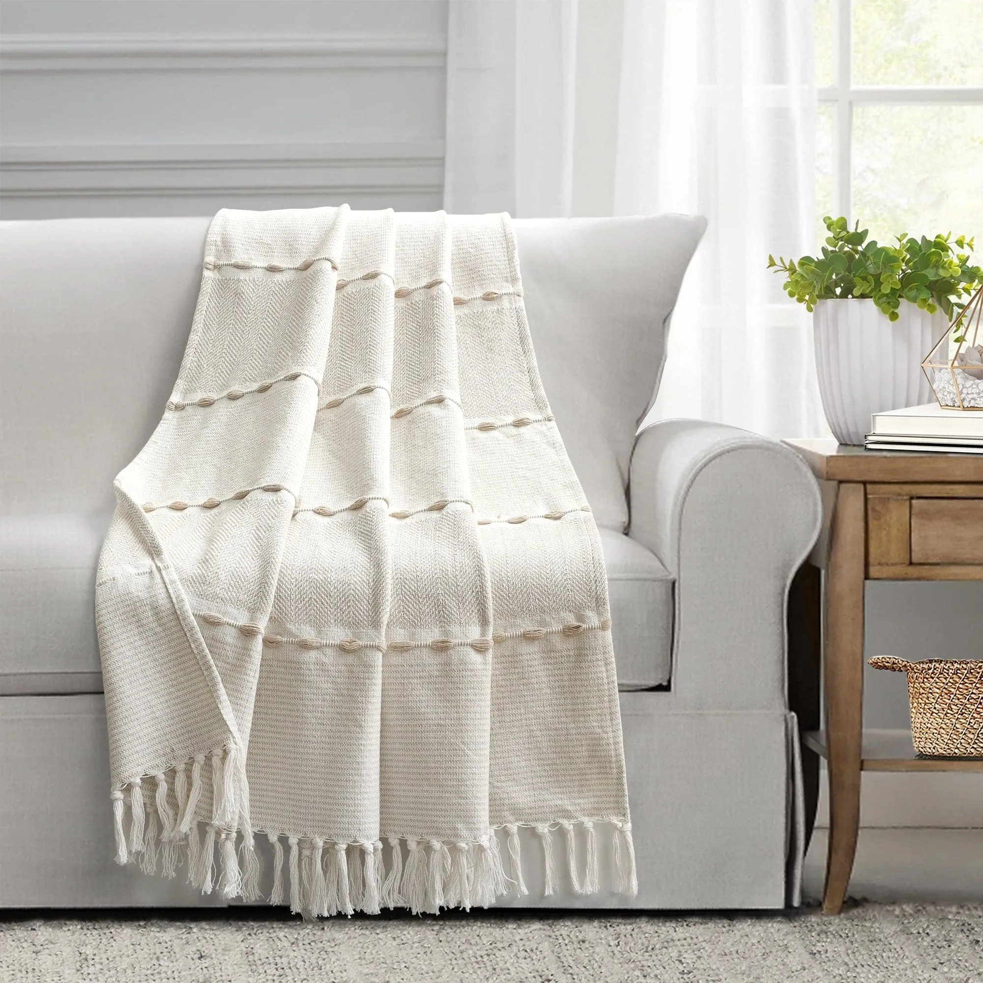 Herringbone Stripe Yarn Dyed Cotton Woven Tassel Throw Blanket