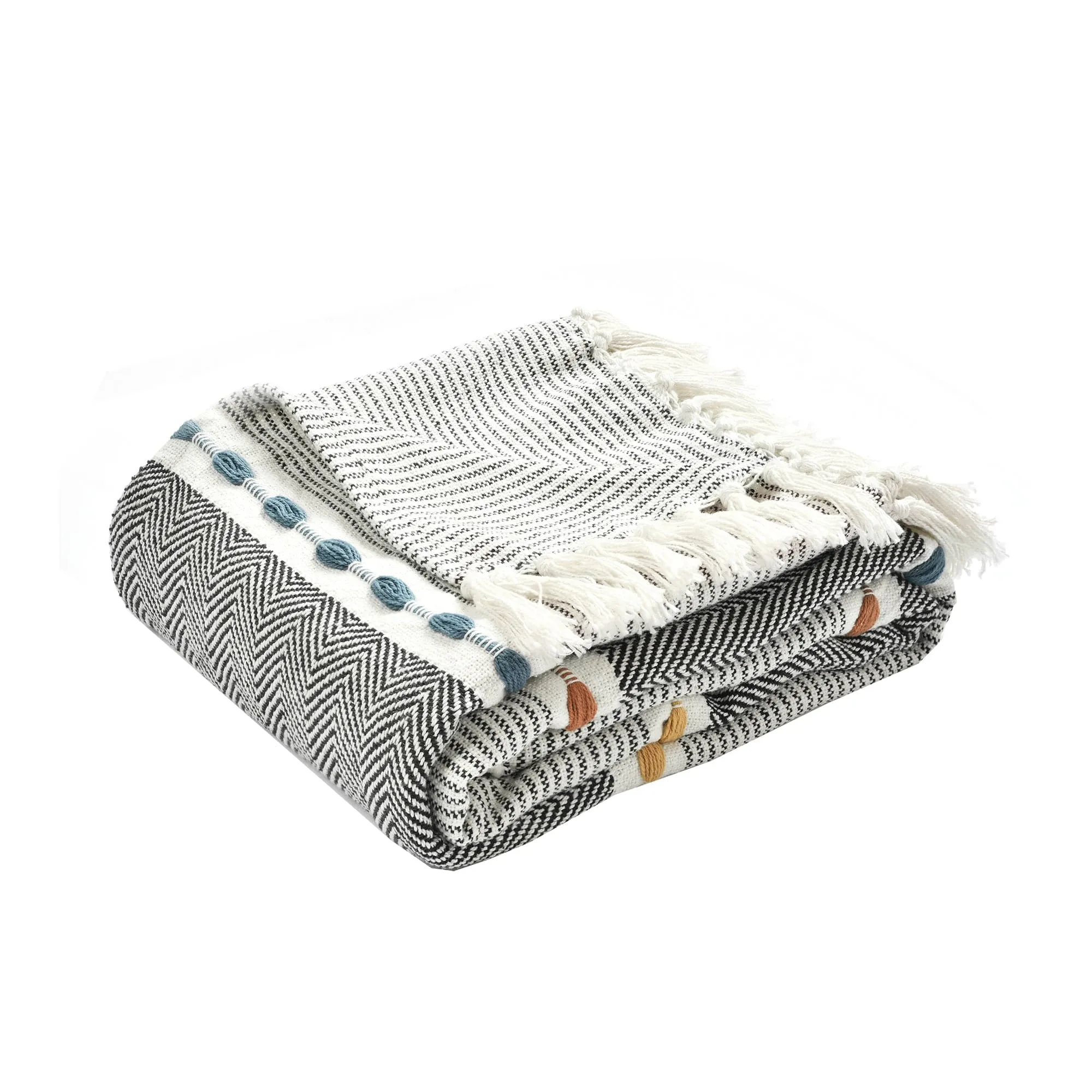 Herringbone Stripe Yarn Dyed Cotton Woven Tassel Throw Blanket