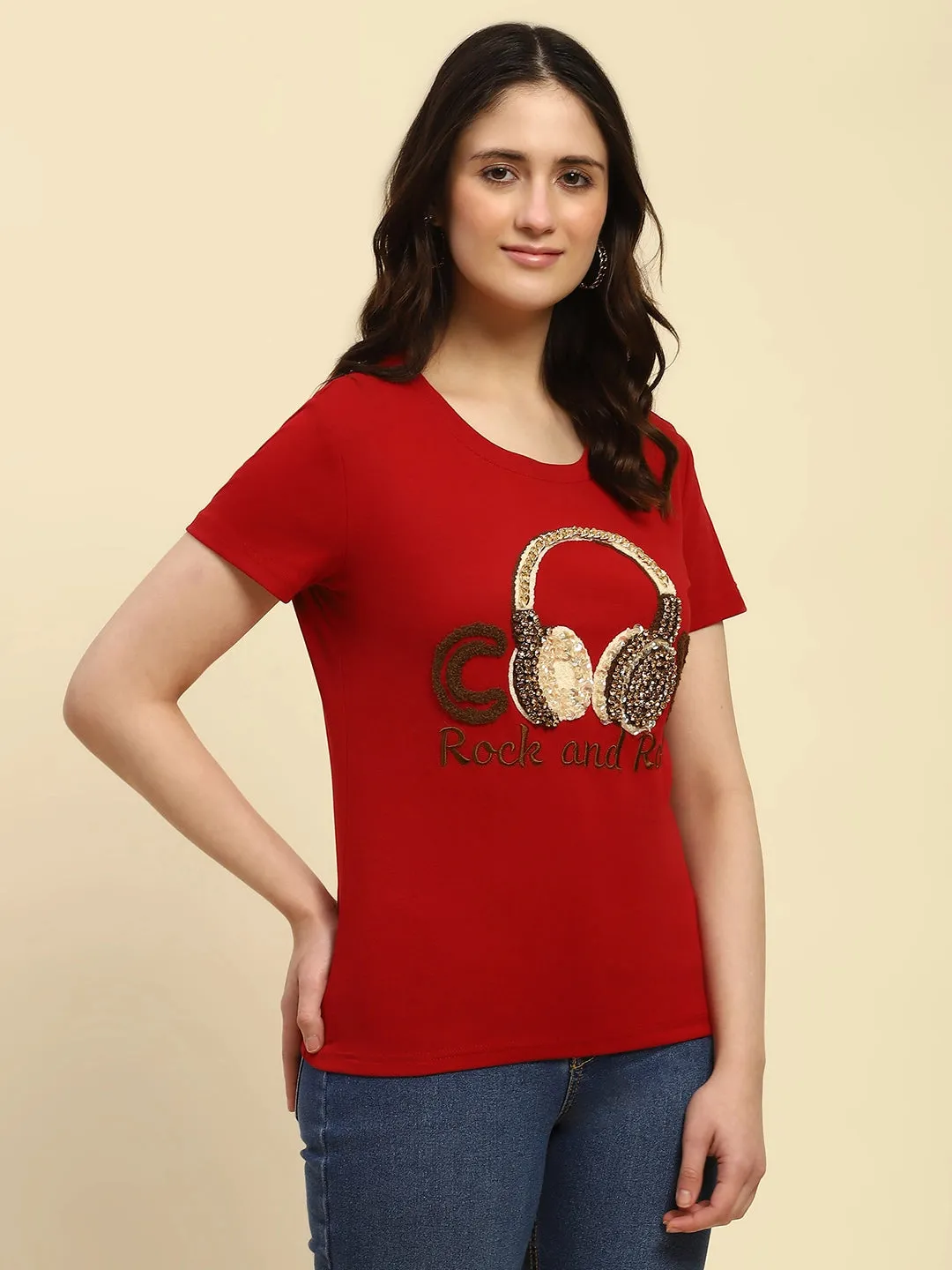 Maroon Embroidered Cotton Regular Fit Top