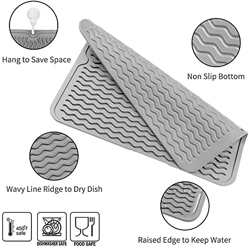 NILKANTH® Silicone Dish Drying Mat for Multiple Usage,Easy Clean,Eco-Friendly,Heat-Resistant Silicone Mat for Kitchen Counter or Sink,Refrigerator or Drawer Liner Grey L 16 x 12 inches