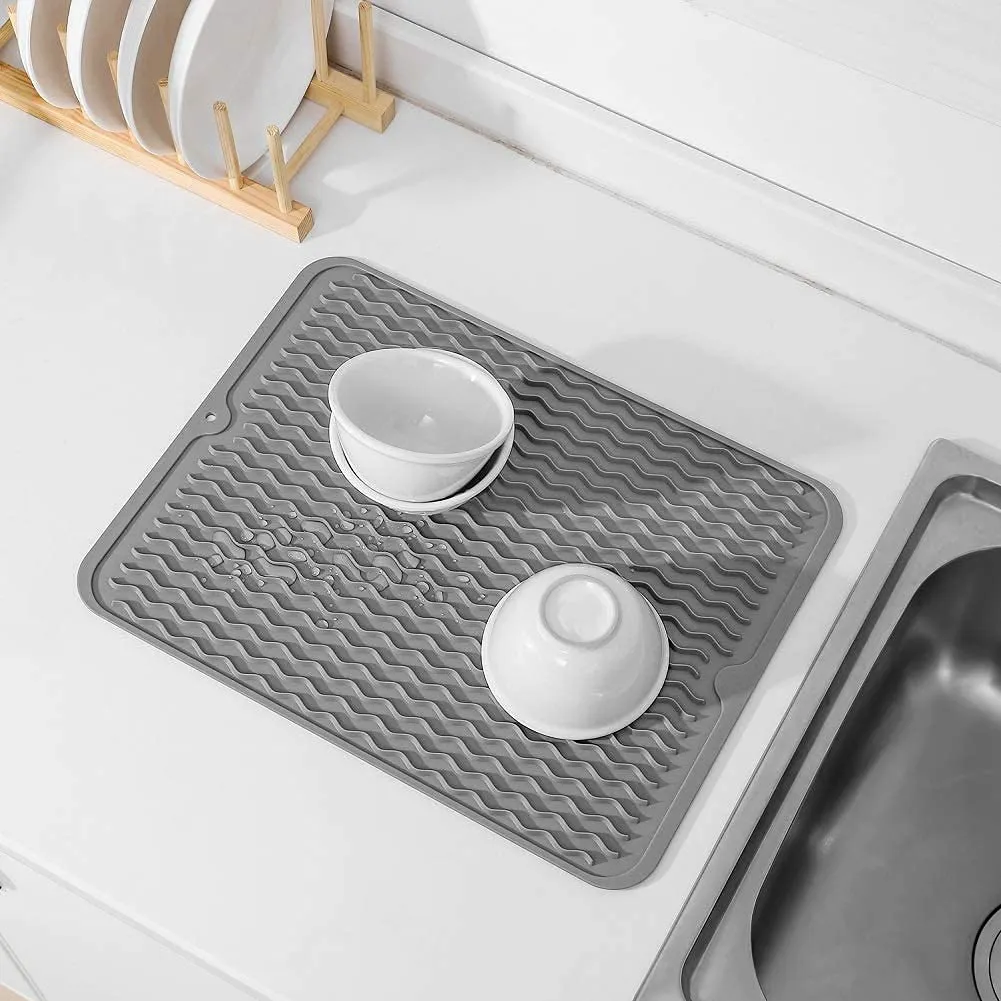 NILKANTH® Silicone Dish Drying Mat for Multiple Usage,Easy Clean,Eco-Friendly,Heat-Resistant Silicone Mat for Kitchen Counter or Sink,Refrigerator or Drawer Liner Grey L 16 x 12 inches