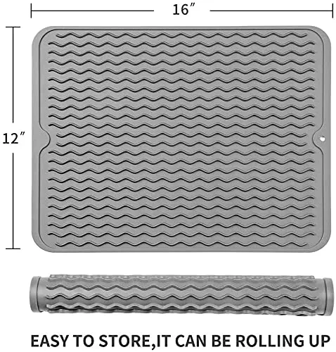 NILKANTH® Silicone Dish Drying Mat for Multiple Usage,Easy Clean,Eco-Friendly,Heat-Resistant Silicone Mat for Kitchen Counter or Sink,Refrigerator or Drawer Liner Grey L 16 x 12 inches