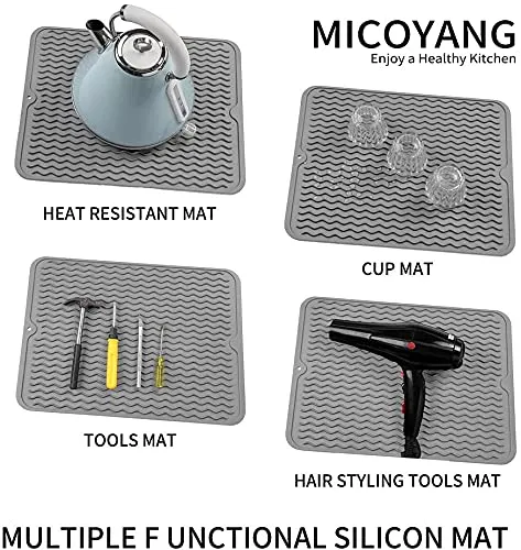 NILKANTH® Silicone Dish Drying Mat for Multiple Usage,Easy Clean,Eco-Friendly,Heat-Resistant Silicone Mat for Kitchen Counter or Sink,Refrigerator or Drawer Liner Grey L 16 x 12 inches