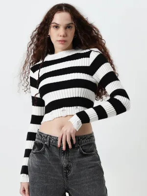 Nuon Black & White Striped Knitted Cropped Sweater
