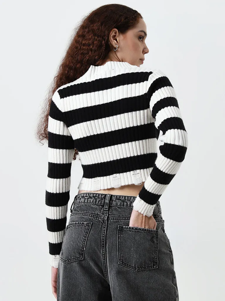 Nuon Black & White Striped Knitted Cropped Sweater
