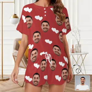 Personalized Photo Pajama Set Love Heart Women's Short Loungewear Athletic Tracksuits With Face On It