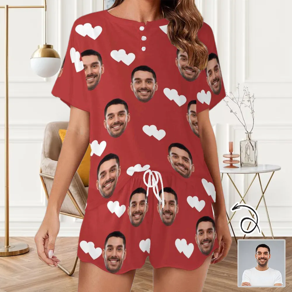 Personalized Photo Pajama Set Love Heart Women's Short Loungewear Athletic Tracksuits With Face On It