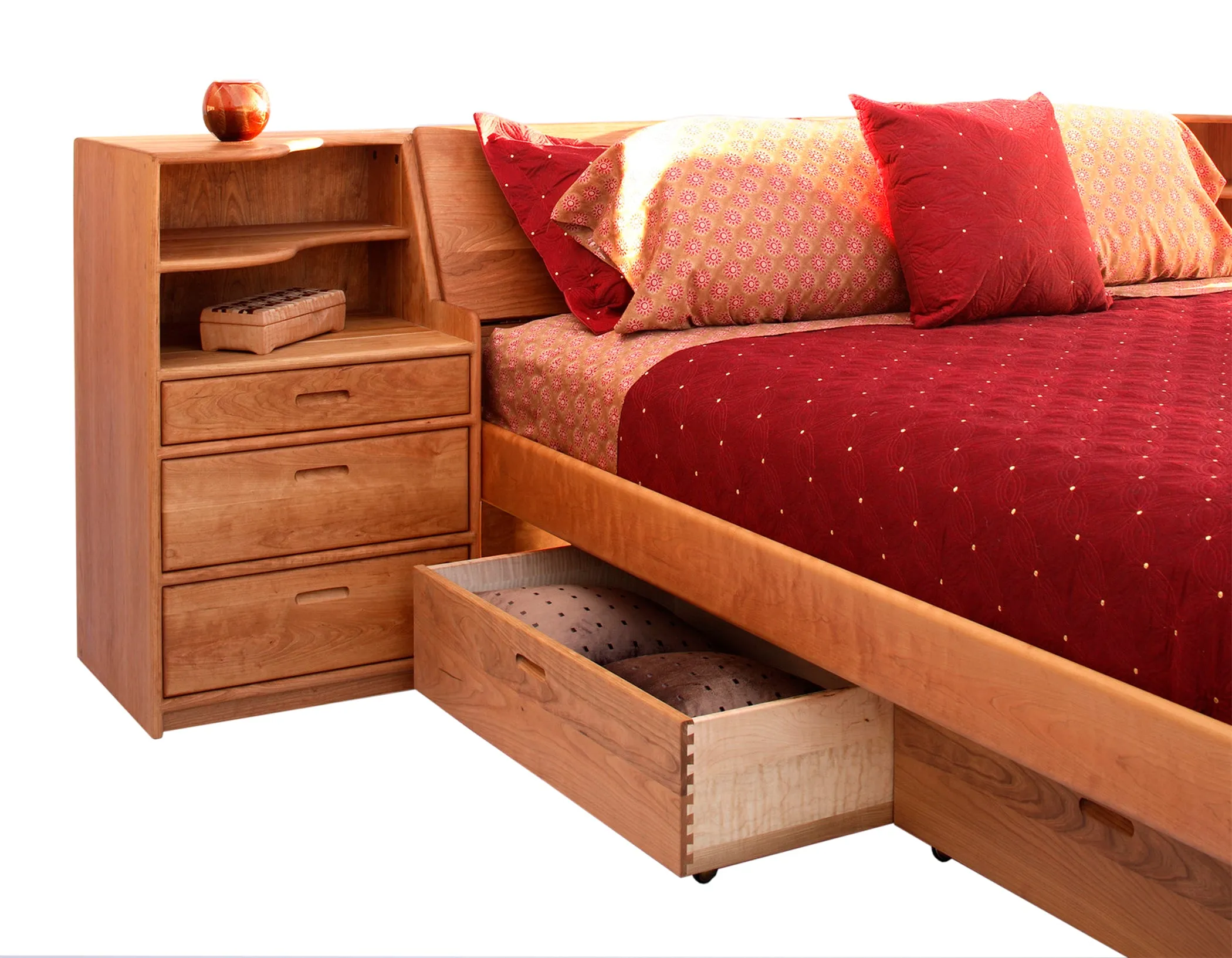 Platform Pedestal Bed with Slope Headboard, Nightstands, and Under-Bed Drawers