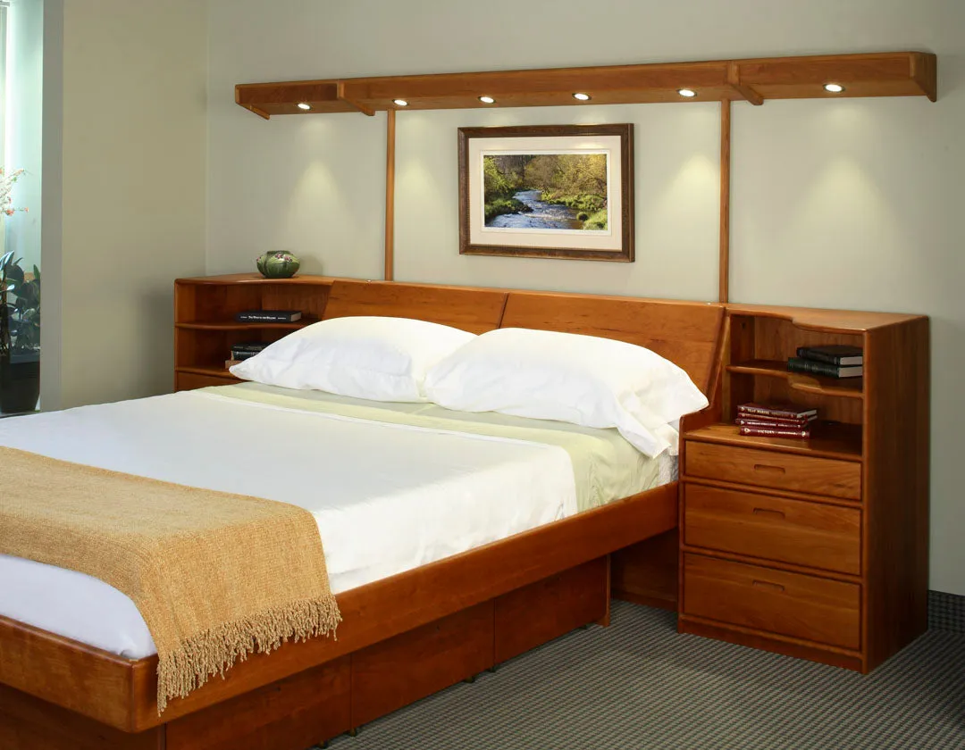 Platform Pedestal Bed with Slope Headboard, Nightstands, and Under-Bed Drawers