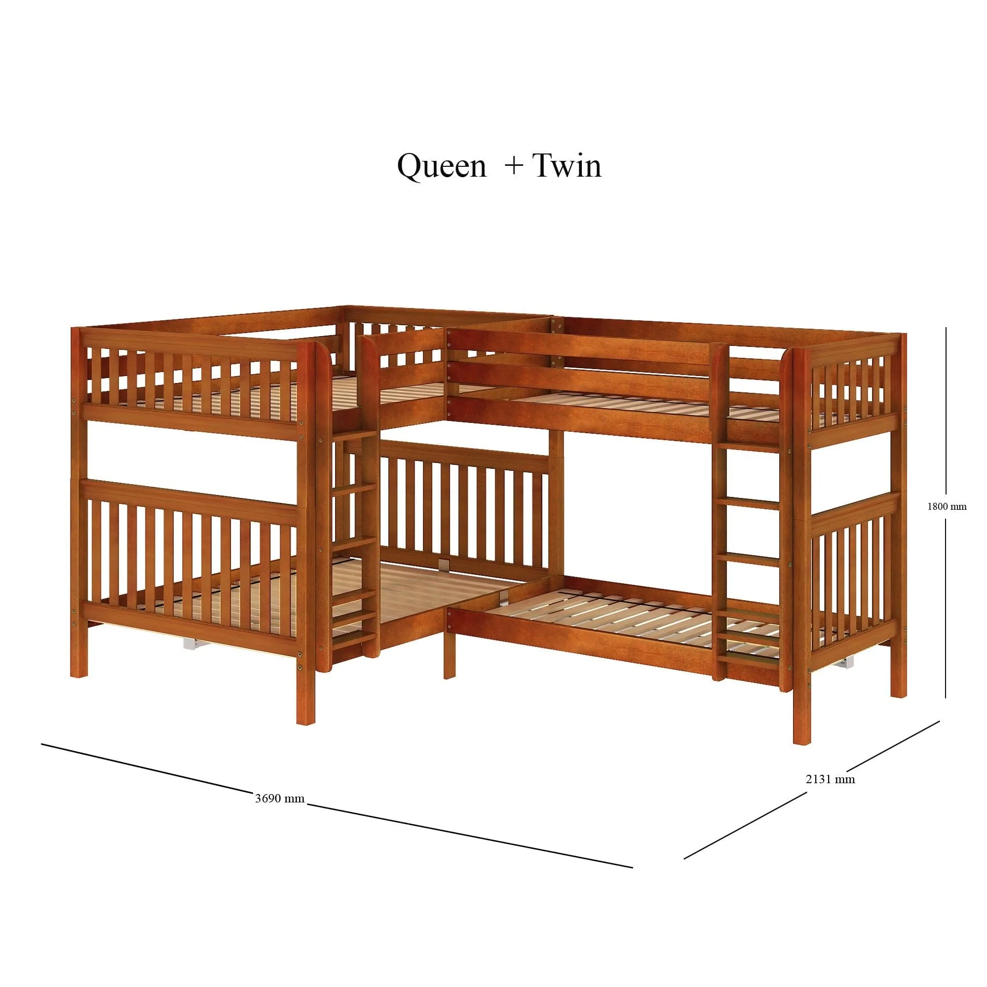 Queen   Twin XL High Corner Bunk with Straight Ladders on Front