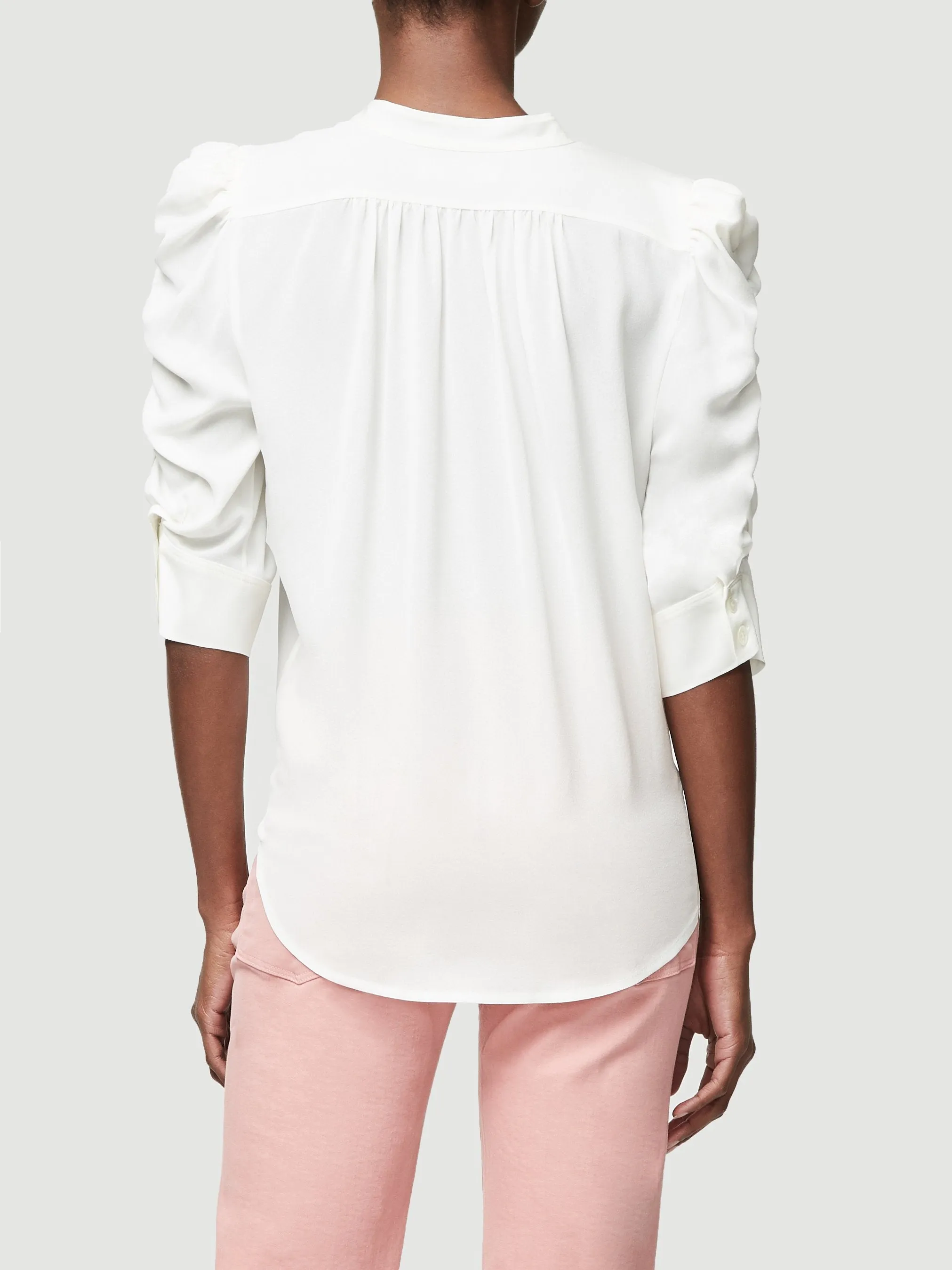 Shirred Sleeve Silk Button Up -- Blanc