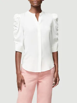 Shirred Sleeve Silk Button Up -- Blanc