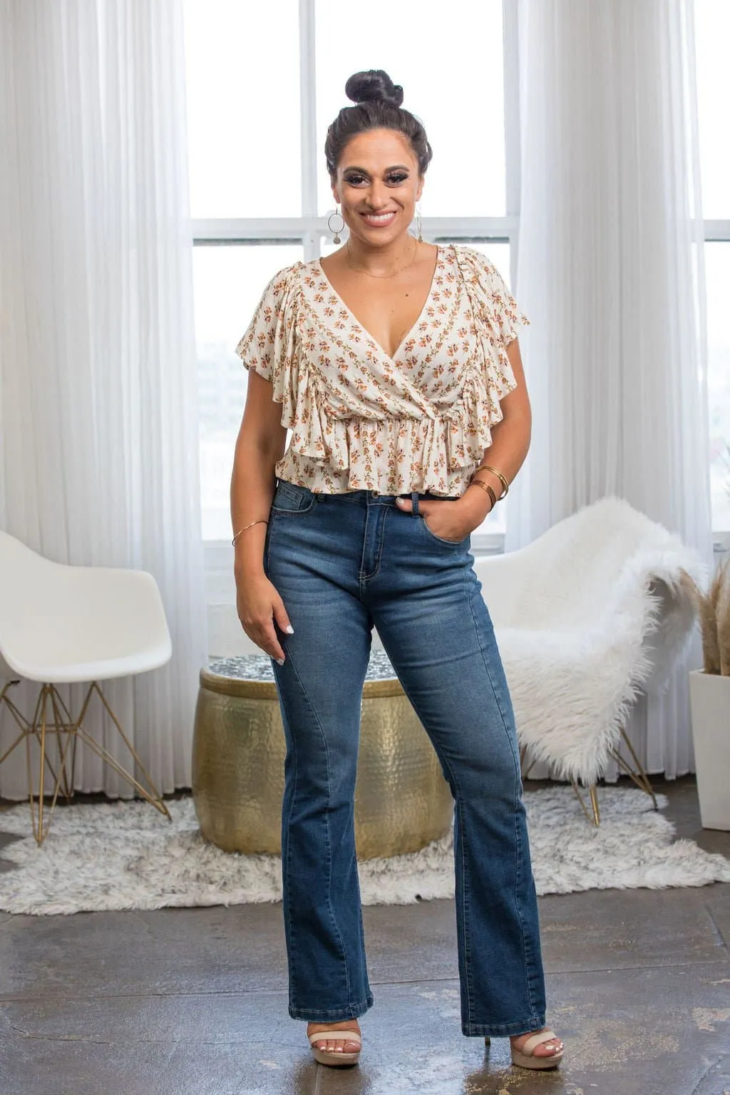 Venice Floral Print Ruffle Butterfly Sleeve Top - Ivory