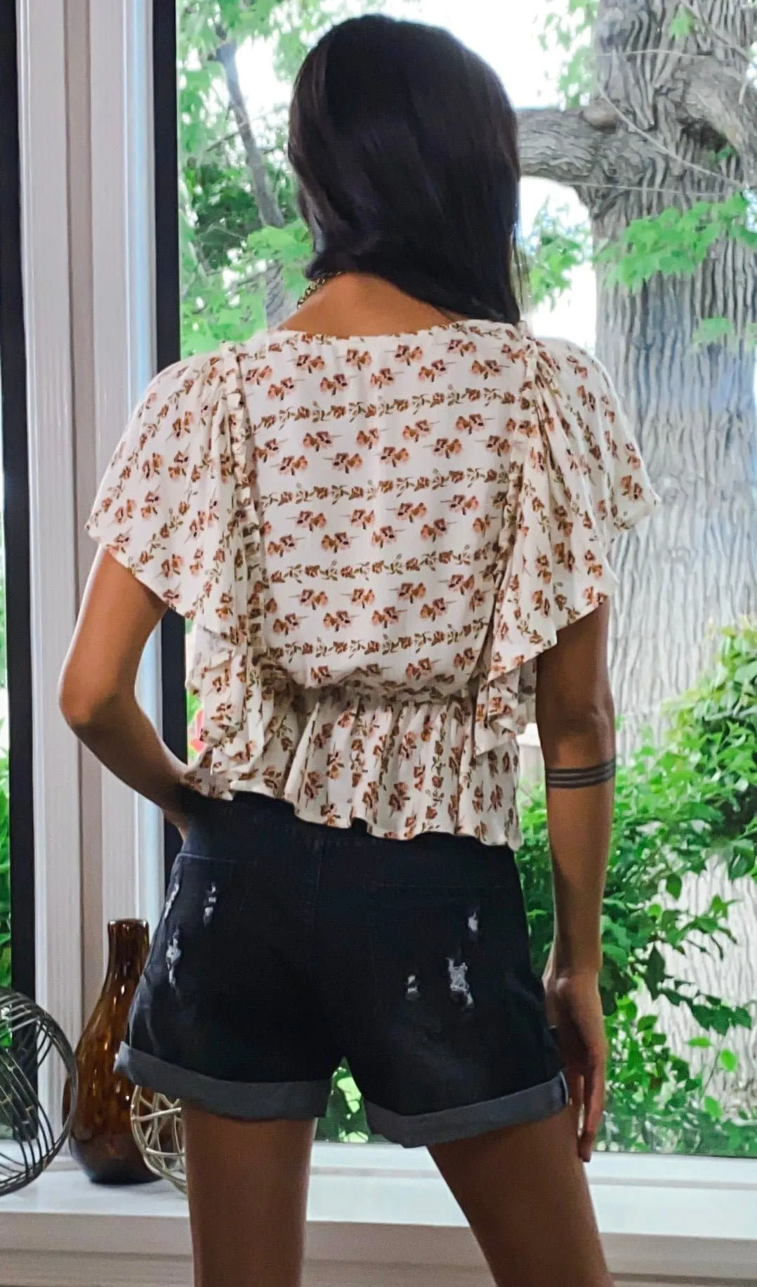 Venice Floral Print Ruffle Butterfly Sleeve Top - Ivory