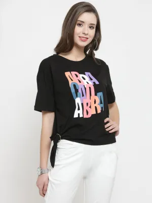 Women Black Printed Knot Round Neck T-Shirts